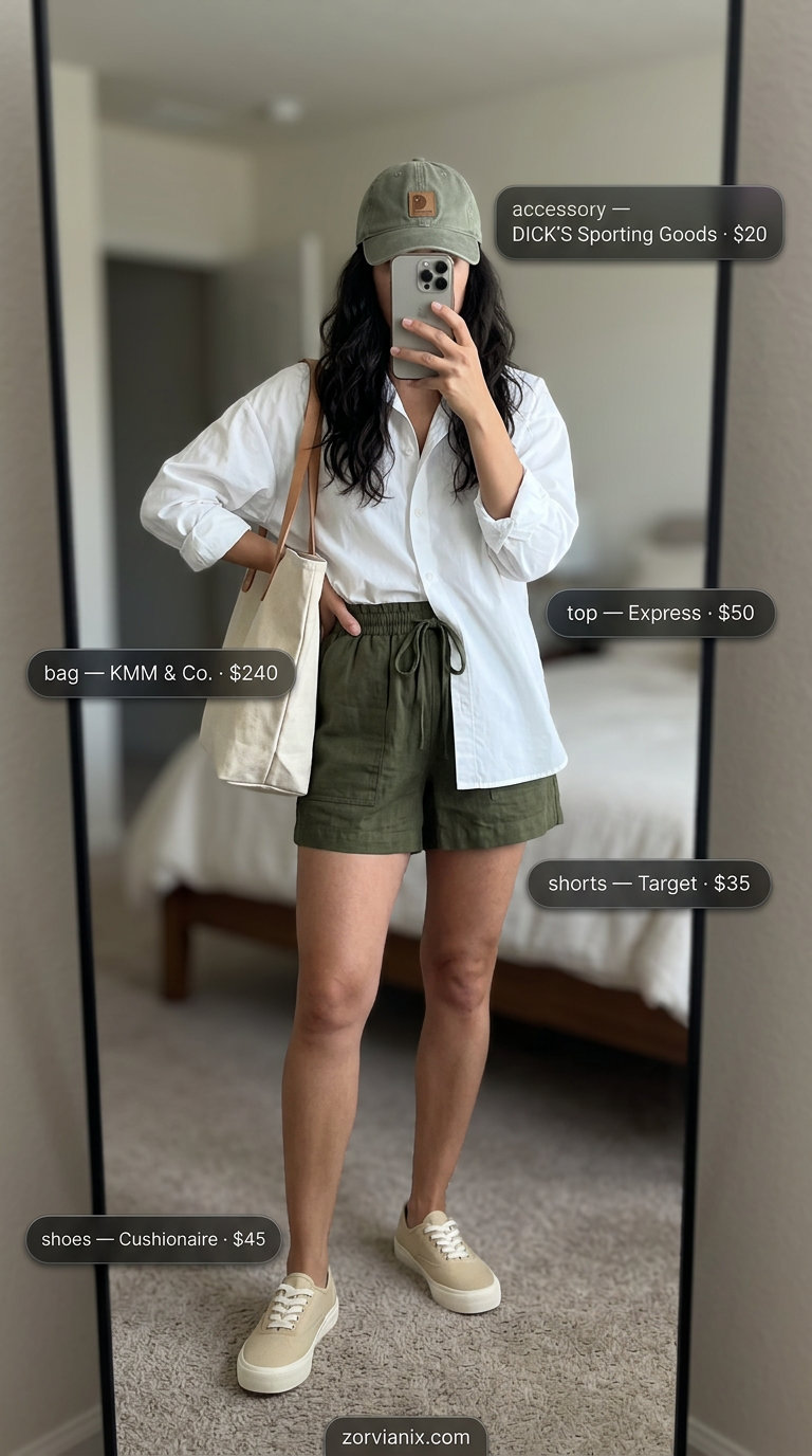Casual summer outfits for women over 30 2026: Olive linen shorts, white oversized shirt, and canvas sneakers.