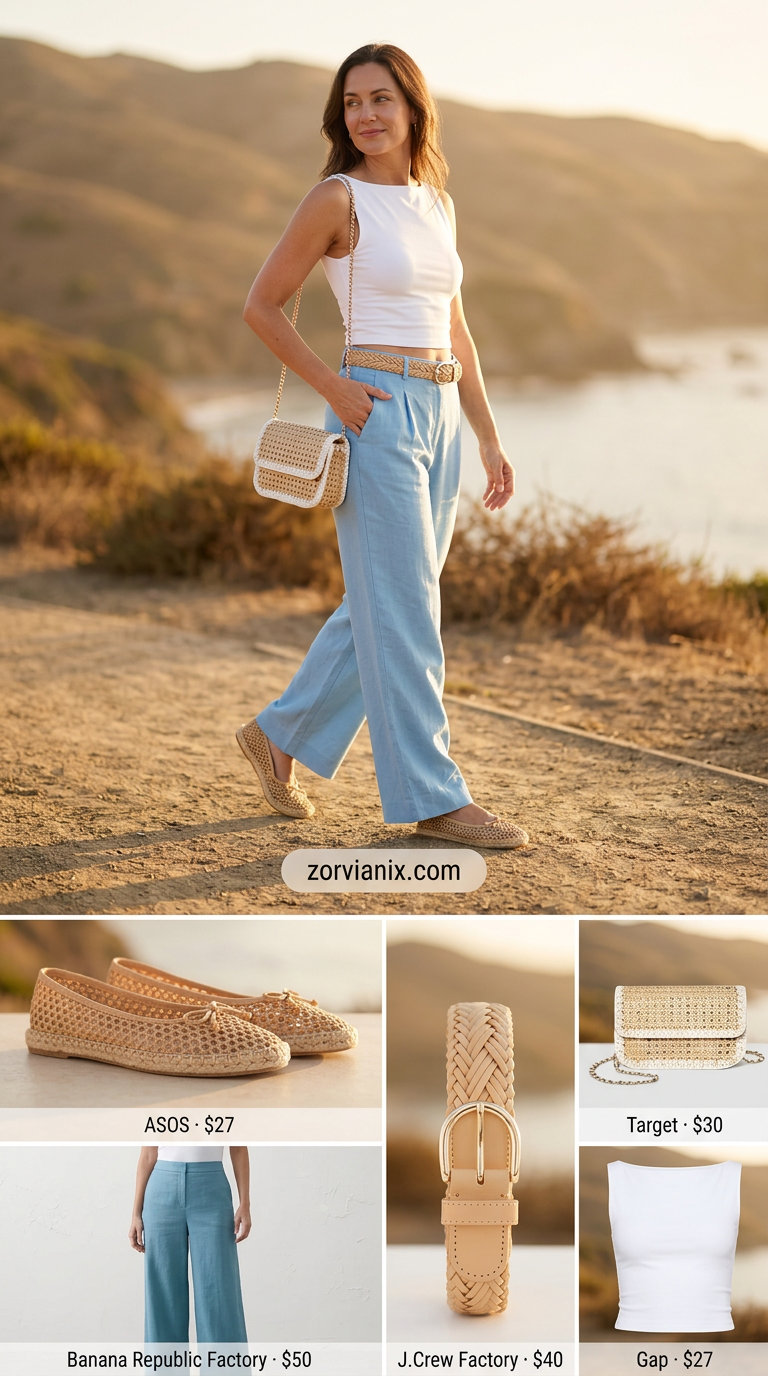 Effortless summer outfits for women over 30 2026: light blue linen trousers, white knit top, beige espadrilles, raffia bag.