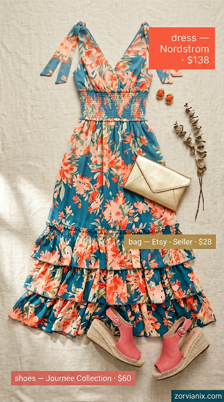 Elegant summer outfits for women over 30 2026: teal floral maxi dress, coral espadrilles, gold statement earrings.