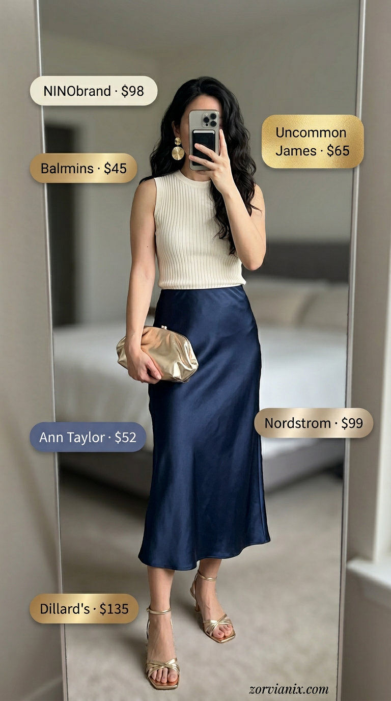 Elegant summer outfits for women over 30 2026: navy satin midi skirt, cream knit top, gold heels, statement earrings.