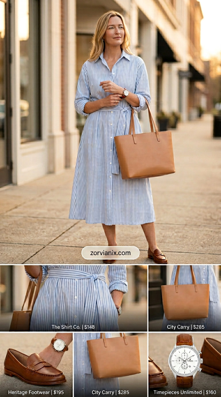 Polished summer outfits for women over 30 2026: Light blue stripe shirtdress, tan loafers, and leather tote bag.