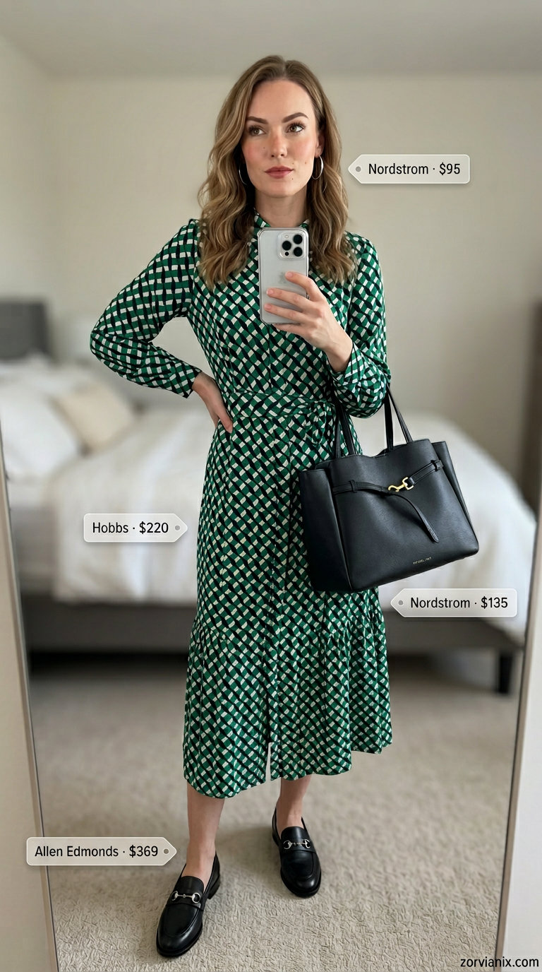 Modern summer outfits for women over 30 2026: emerald green shirtdress, black loafers, black tote, silver hoops.