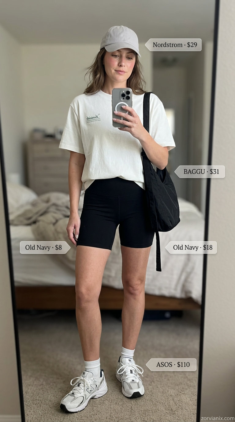 Casual summer outfits for women over 30 2026: Grey graphic tee, black biker shorts, chunky sneakers, and baseball cap.