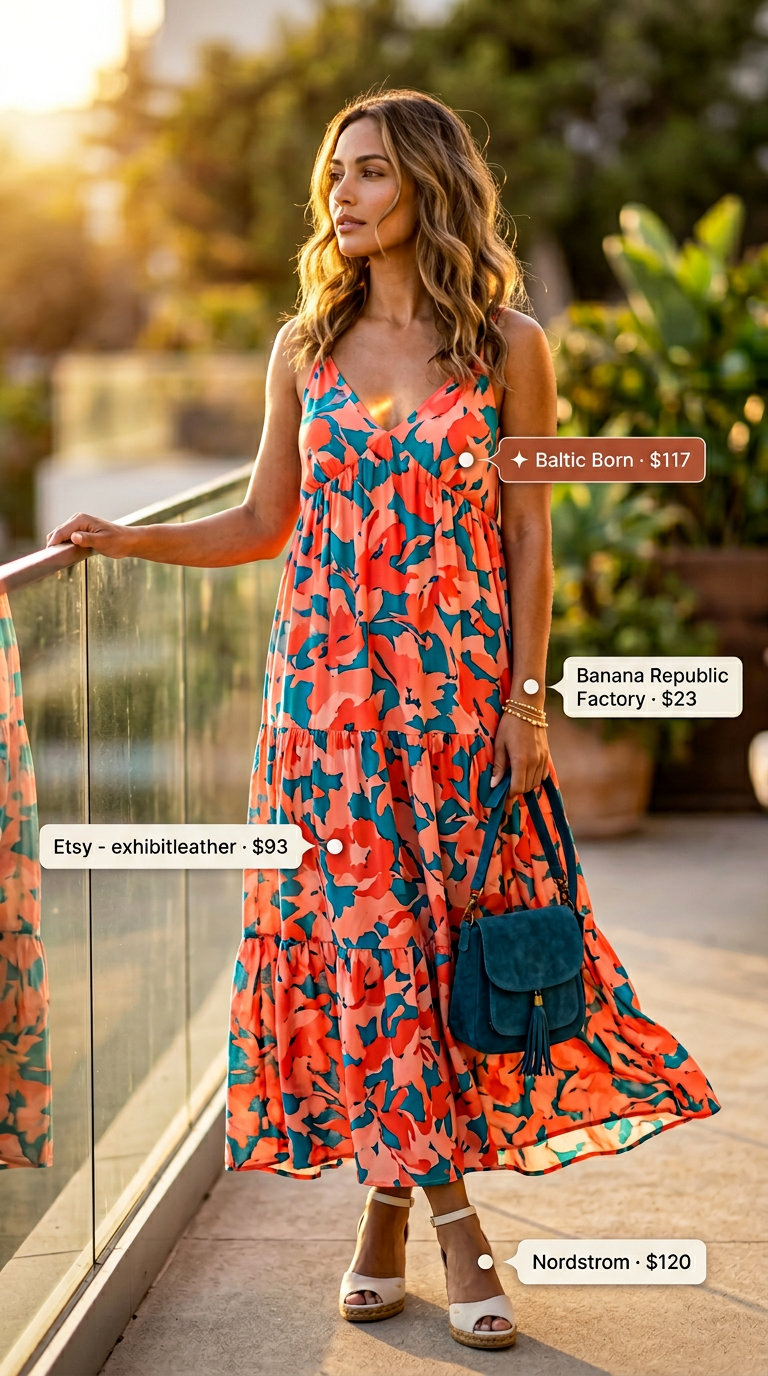 Romantic summer outfits for women over 30 2026: Coral floral maxi dress, teal crossbody bag, and espadrille wedges.