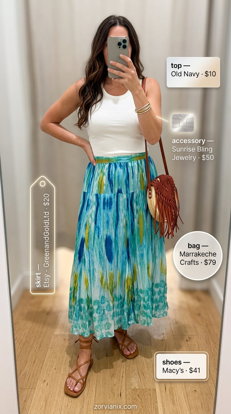 Summer outfits for women with Pear Shape 2026: Boho maxi skirt, white ribbed tank top, gladiator sandals, straw bag.