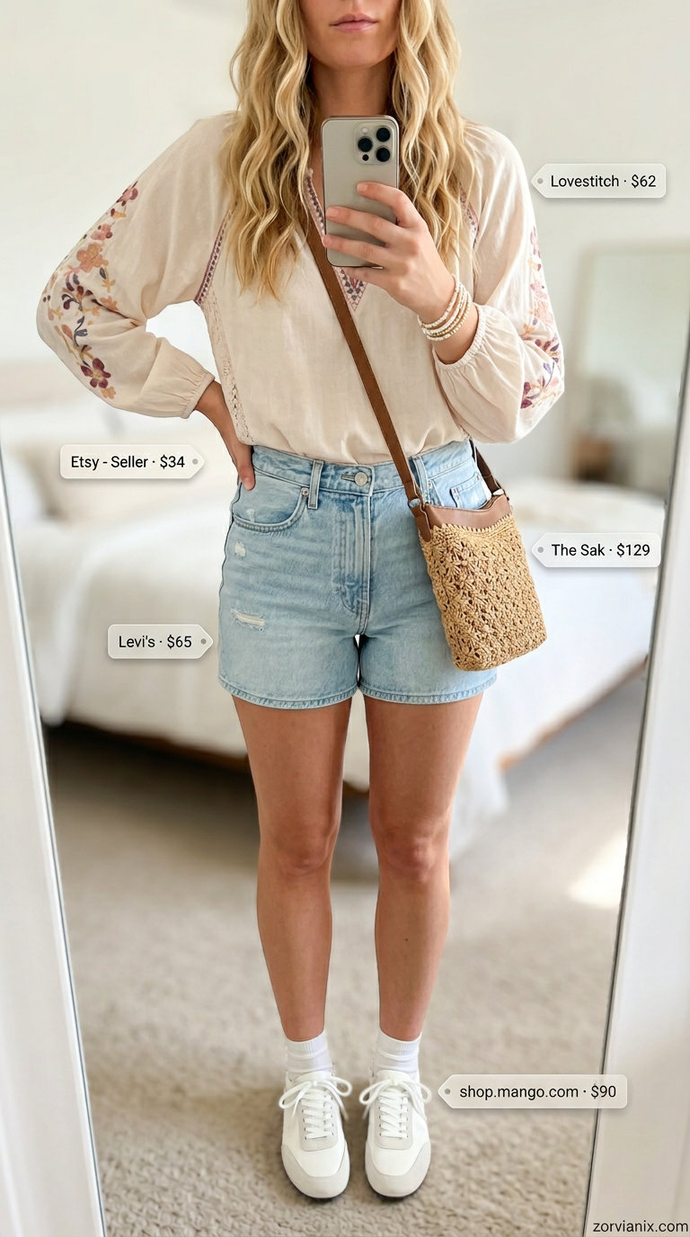 Summer outfits for women with Pear Shape 2026: High-waisted denim shorts & flowy pink blouse, white sneakers, straw bag.