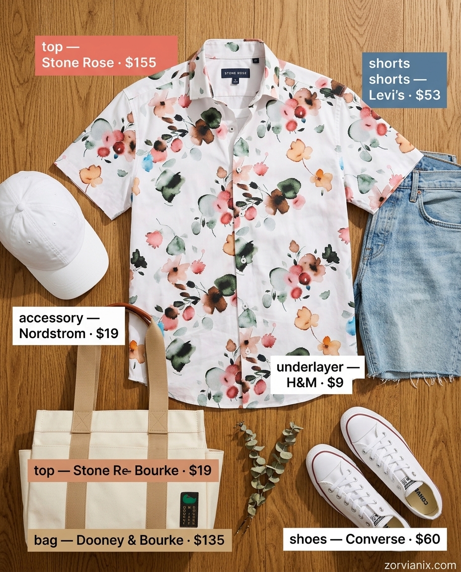 Summer outfits for women with Pear Shape 2026: Denim shorts and floral shirt for playful casual.