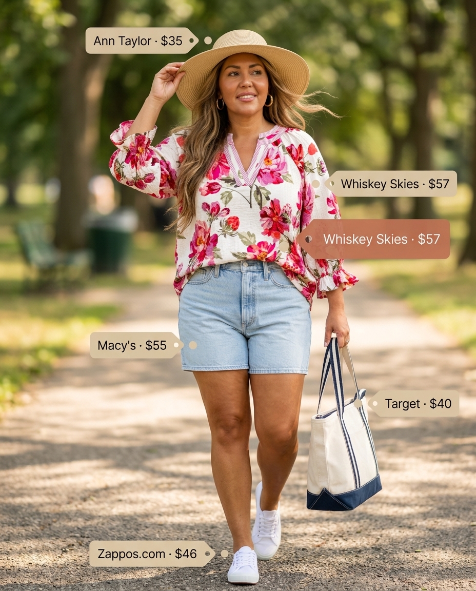 Summer outfits for women with Pear Shape 2026: High-waisted denim shorts, floral peasant blouse, sneakers, straw hat.