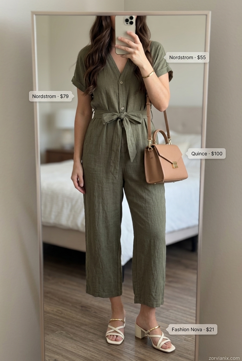 Summer outfits for women with Pear Shape 2026: Olive green wide-leg jumpsuit for travel and smart casual.