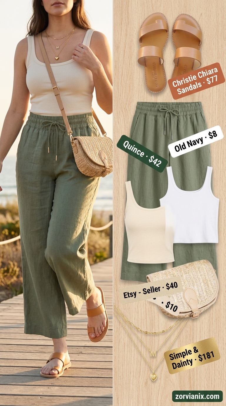Summer outfits for women with Pear Shape 2026: Sage green linen pants and cream tank for casual daytime.