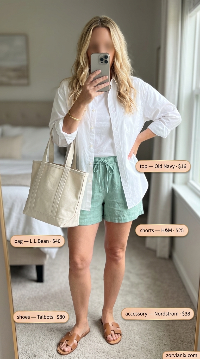 Summer outfits for women with Pear Shape 2026: Mint green linen shorts and oversized white shirt for casual comfort.