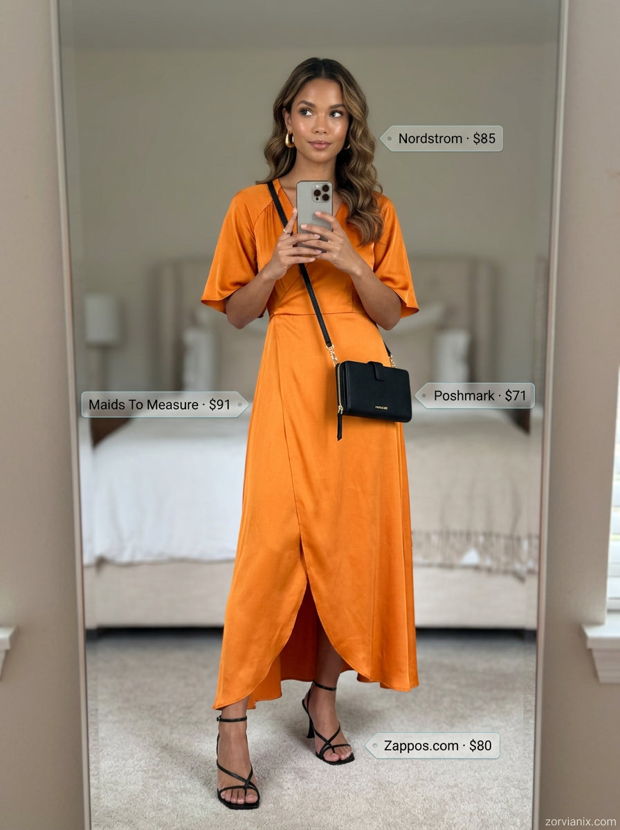 Summer outfits for women with Pear Shape 2026: Mango orange wrap dress, black clutch, gold hoops, strappy heels.