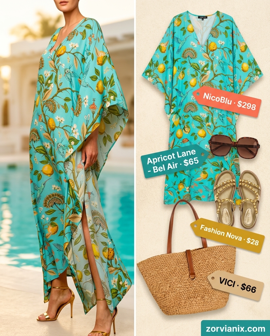 Summer outfits for women with Pear Shape 2026: Coral caftan dress, embellished sandals, straw tote, oversized sunglasses.