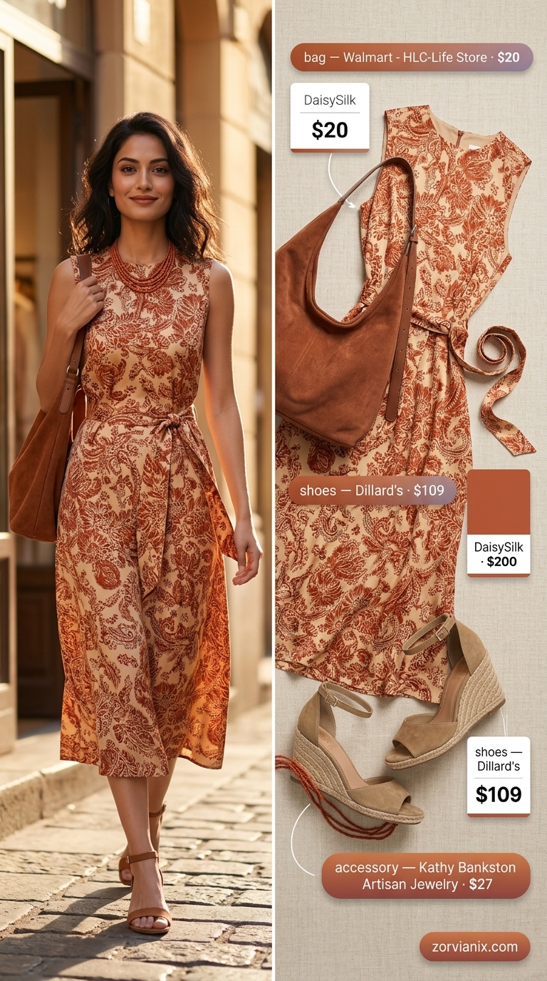 Summer outfits for women with Pear Shape 2026: Terracotta paisley maxi dress for bohemian festivals.