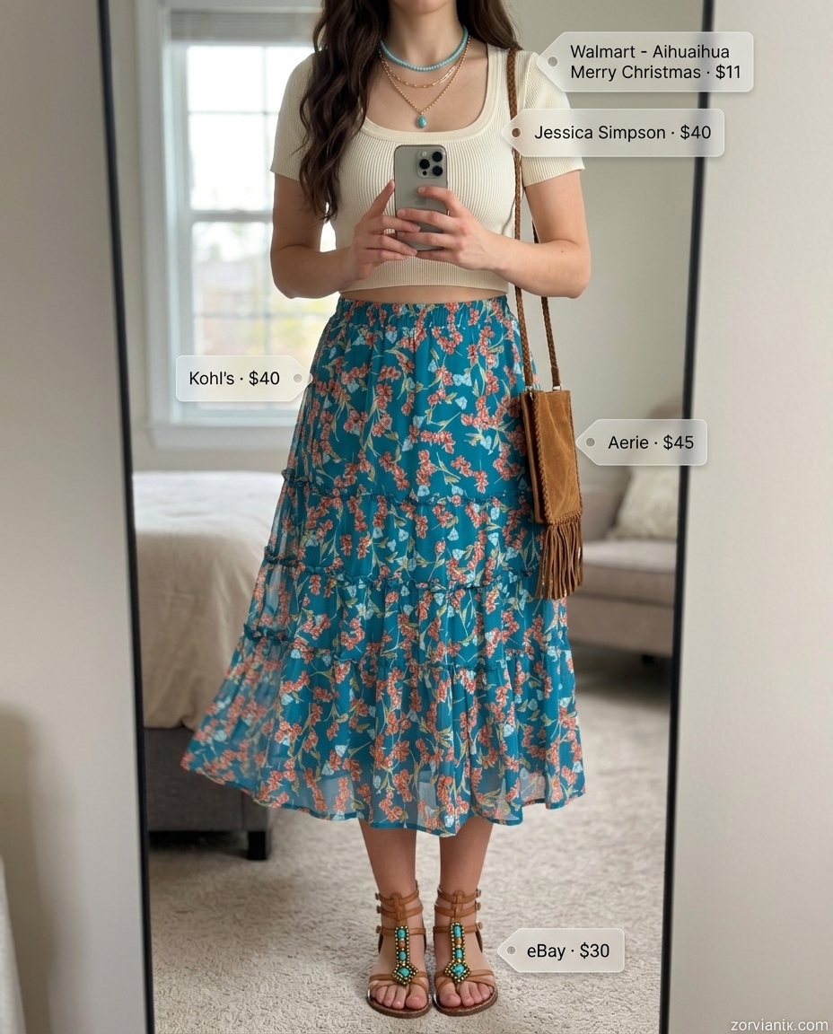 Summer outfits for women with Pear Shape 2026: Teal maxi skirt, cream crop top, gladiator sandals, layered necklaces.