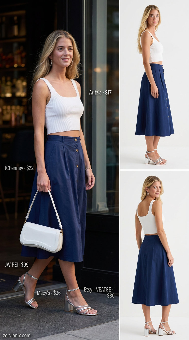 Summer outfits for women with Pear Shape 2026: Navy midi skirt and white crop top for evening elegance.
