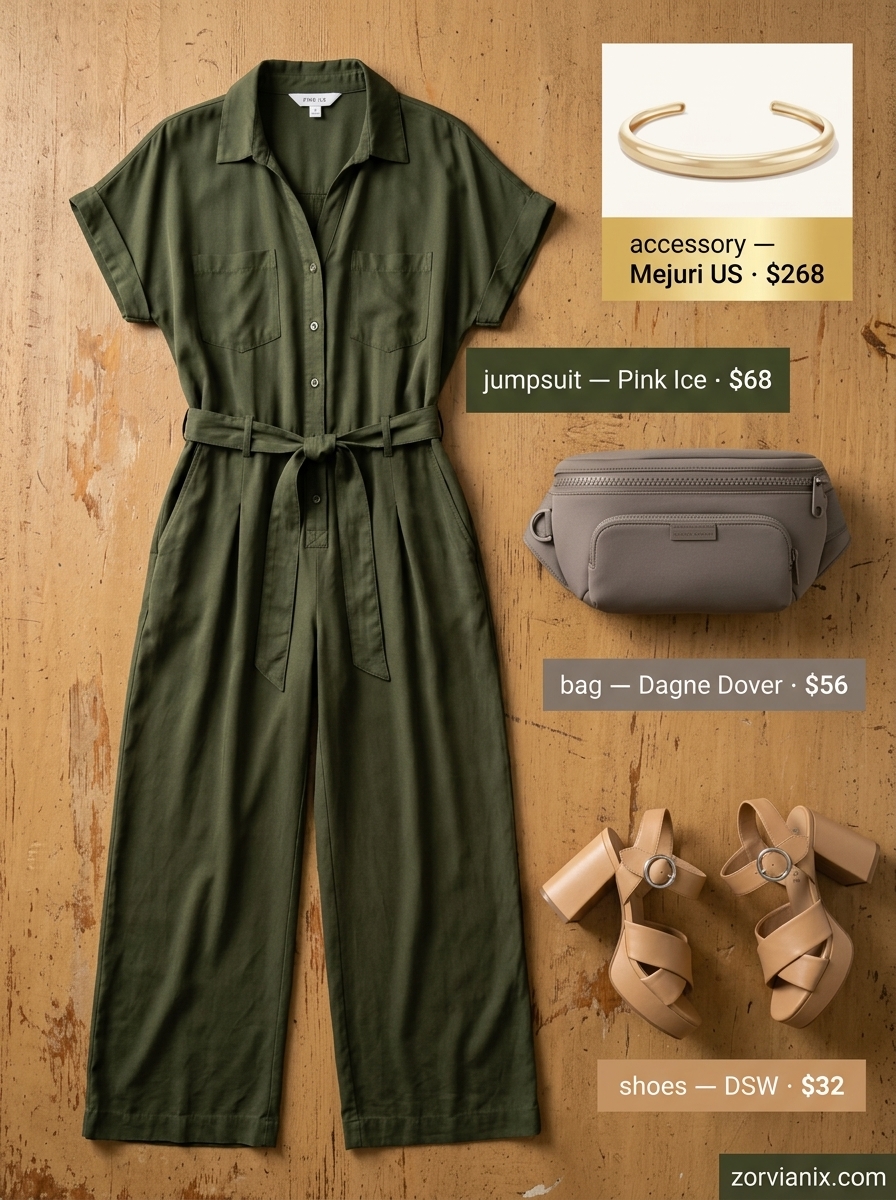 Summer outfits for women with Pear Shape 2026: Olive utility jumpsuit, platform sandals, belt bag, gold cuff.
