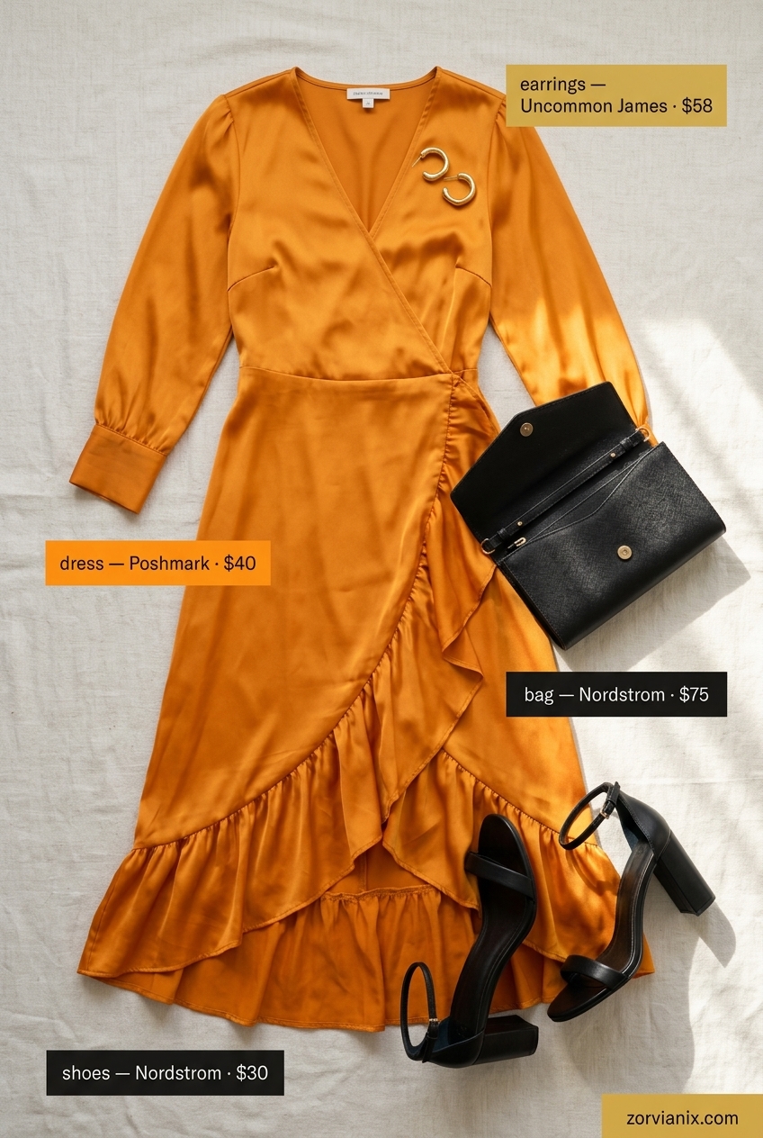 Summer outfits for women with Pear Shape 2026: Mango orange wrap dress for evening events. Elegant date night look.