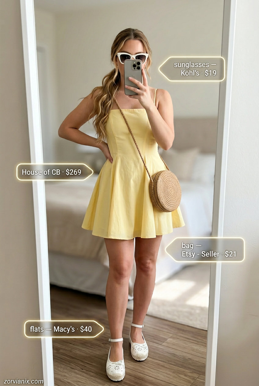 Summer outfits for women with Pear Shape 2026: Yellow A-line sundress, espadrille flats, straw circle bag, cat-eye sunglasses.