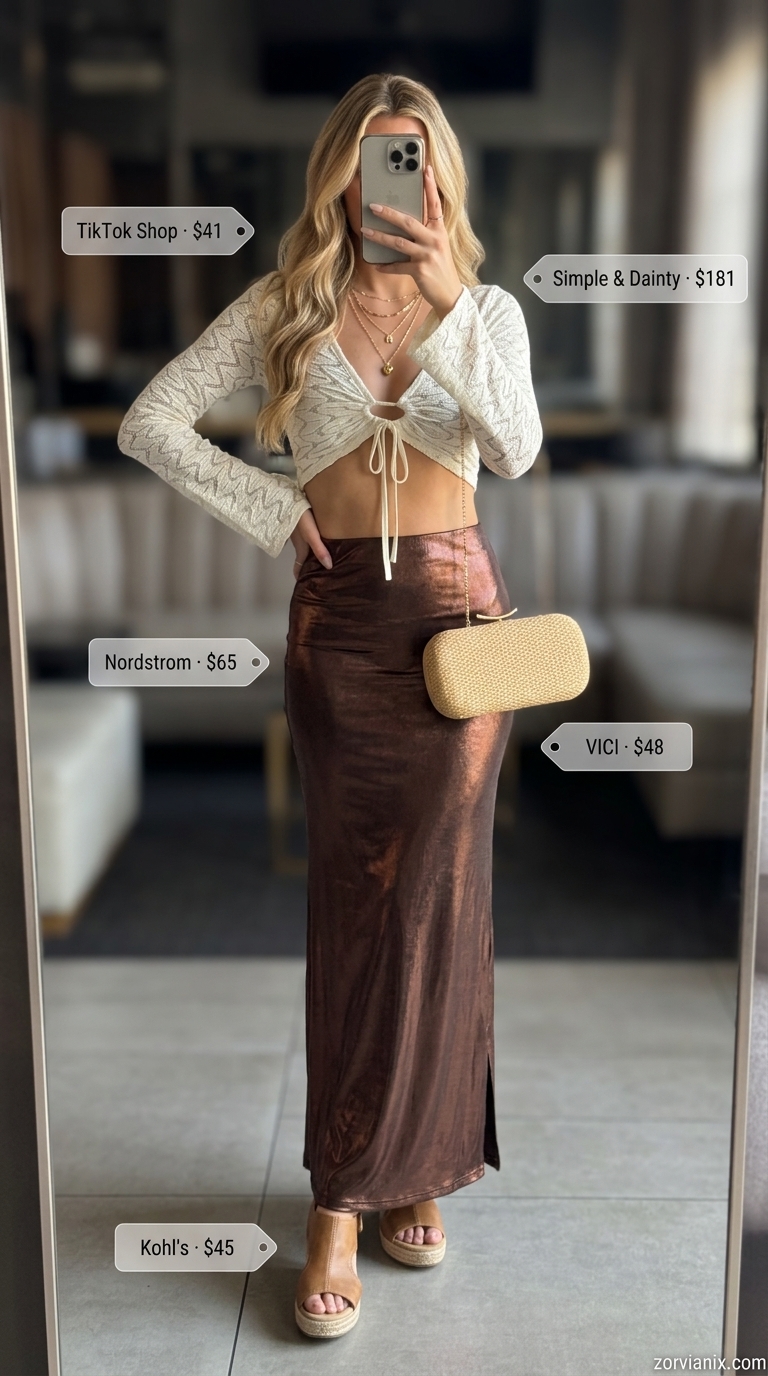 Boho Bronze Summer Party Outfit for Women 2026 Boho bronze metallic midi skirt with ivory crochet top, perfect summer party outfit for women 2026. Espadrilles & straw clutch.