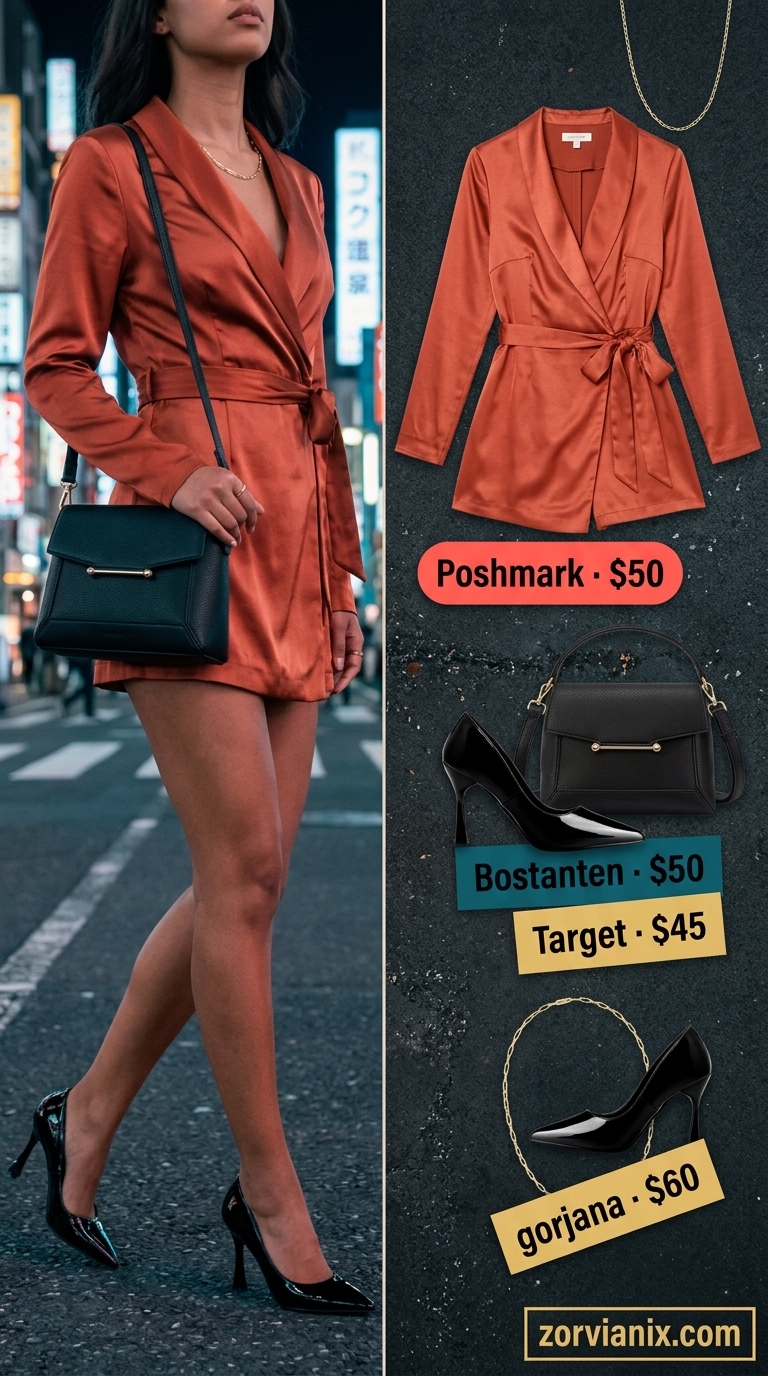 Rooftop Rendezvous Summer Party Outfit for Women 2026 Sleek burnt orange satin romper, modern summer party outfit for women 2026. Black heels & gold necklace.