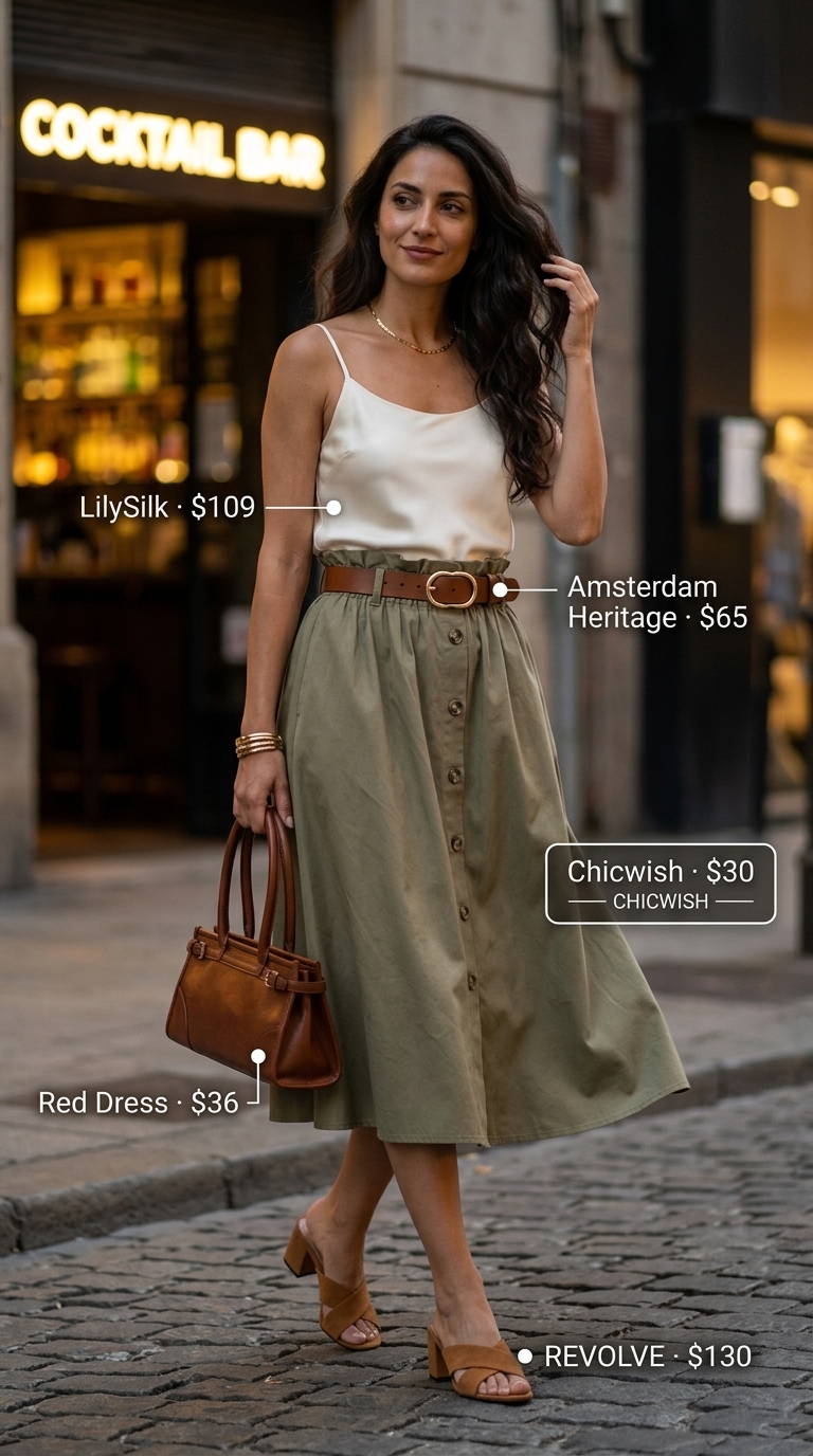 Sophisticated Summer Party Outfit for Women 2026 Khaki A-line skirt, white silk camisole, and cognac accessories for a sophisticated summer party outfit for women 2026.