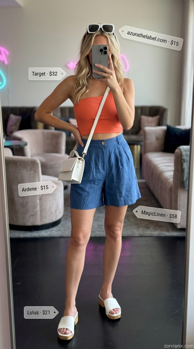 Citrus Splash Summer Party Outfit for Women 2026 Fun summer party outfit for women 2026: vibrant orange one-shoulder crop top, cobalt blue linen shorts, white sandals.