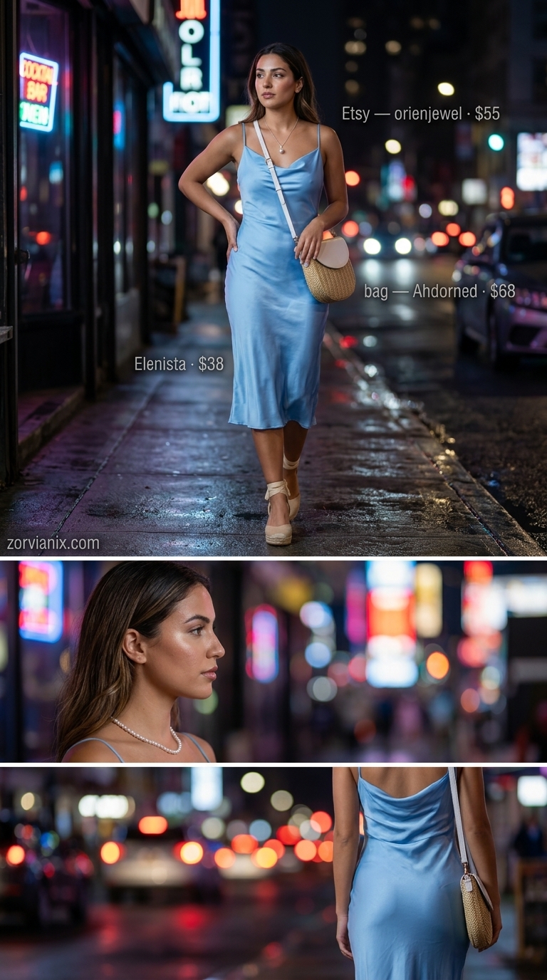 Coastal Summer Party Outfit for Women 2026 Sky blue slip dress, espadrille wedges, and raffia bag for a breezy summer party outfit for women 2026 coastal look.