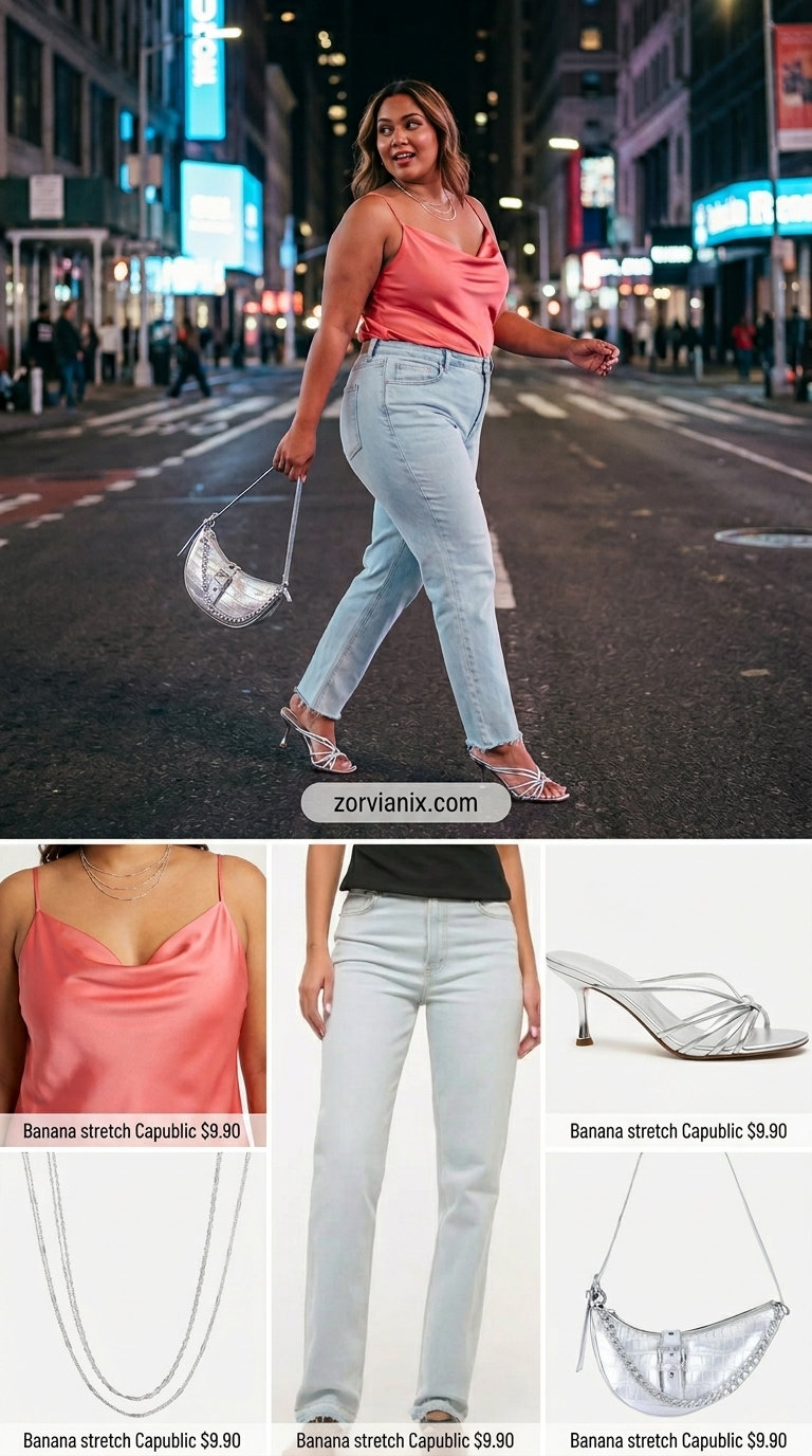 Denim Date Summer Party Outfit for Women 2026 Casual chic summer party outfit for women 2026: coral satin cami, light wash denim jeans, silver mules & bag.