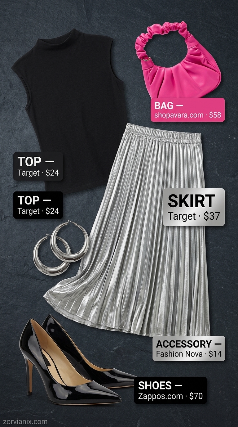 Playful Summer Party Outfit for Women 2026 Metallic silver pleated skirt, black mock-neck top, and hot pink bag for a playful summer party outfit for women 2026.