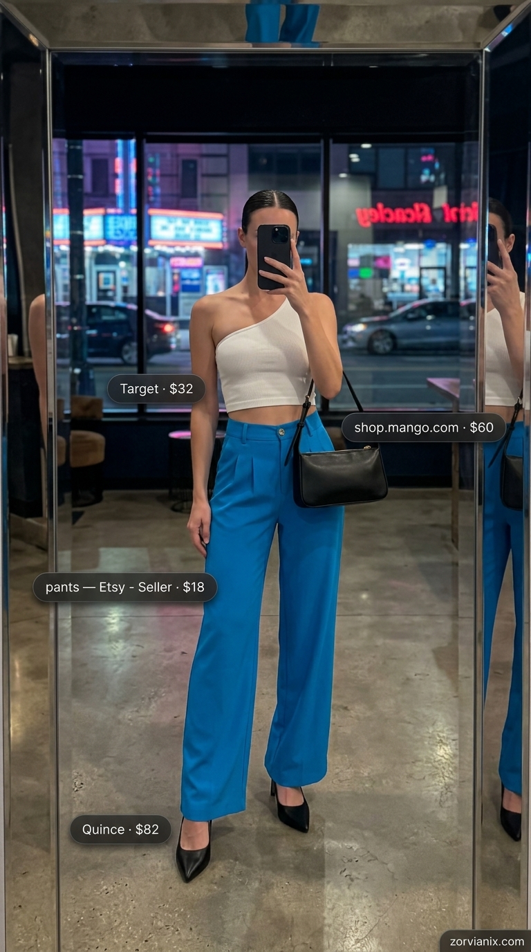 Bold Summer Party Outfit for Women 2026 Night Out Electric blue wide-leg pants, white crop top, and black heels for a bold summer party outfit for women 2026 night out.