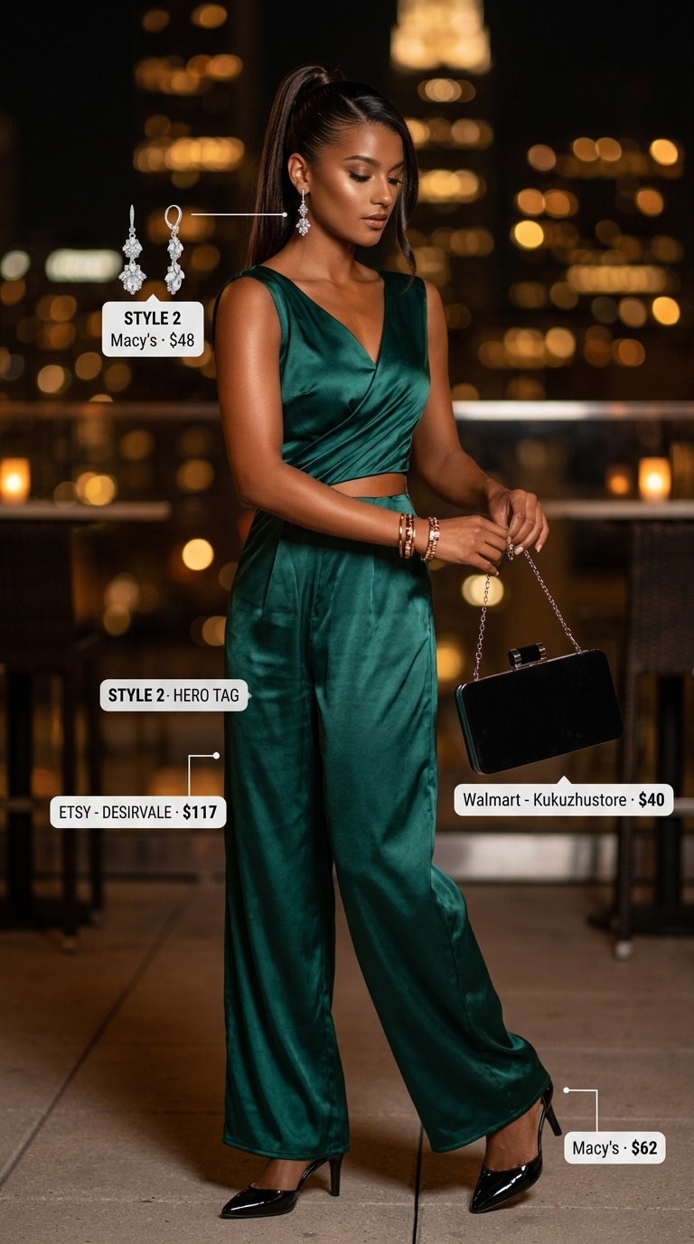 Glamorous Summer Party Outfit for Women 2026 Emerald green wide-leg jumpsuit, black heels, and silver earrings for a glamorous summer party outfit for women 2026.
