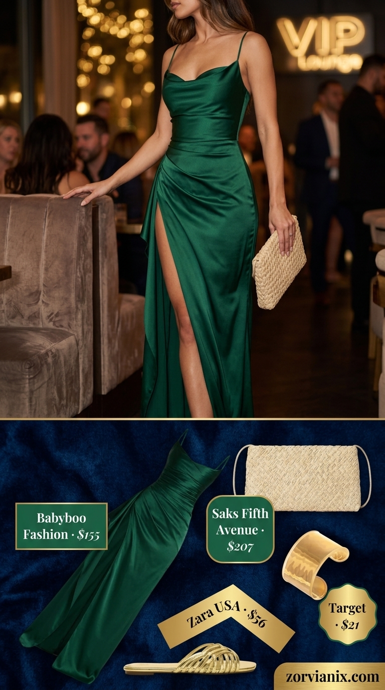 Emerald Glam Summer Party Outfit for Women 2026 Glamorous emerald green silk maxi dress, ideal summer party outfit for women 2026. Gold accessories complete the look.