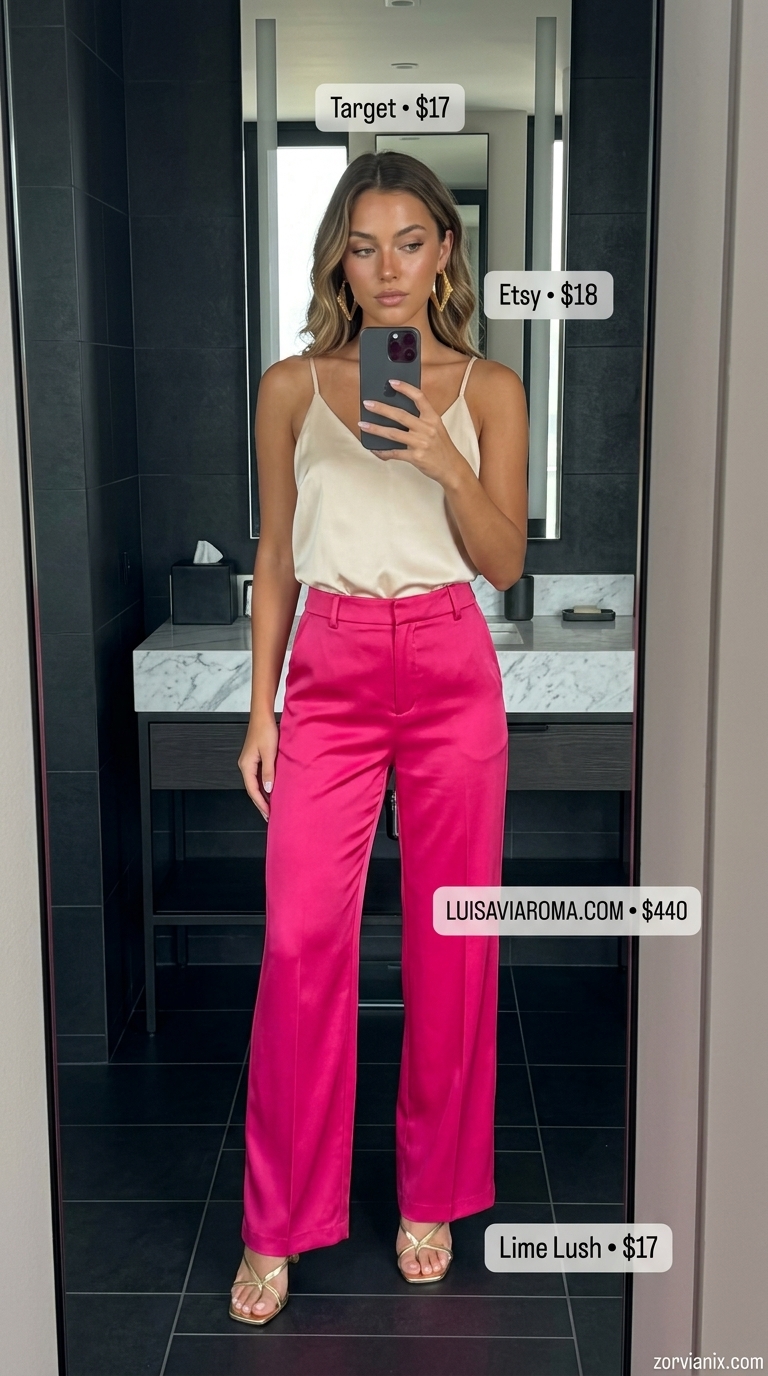 Fuchsia Dream Summer Party Outfit for Women 2026 Vibrant fuchsia satin pants with cream cami, chic summer party outfit for women 2026. Gold accessories.