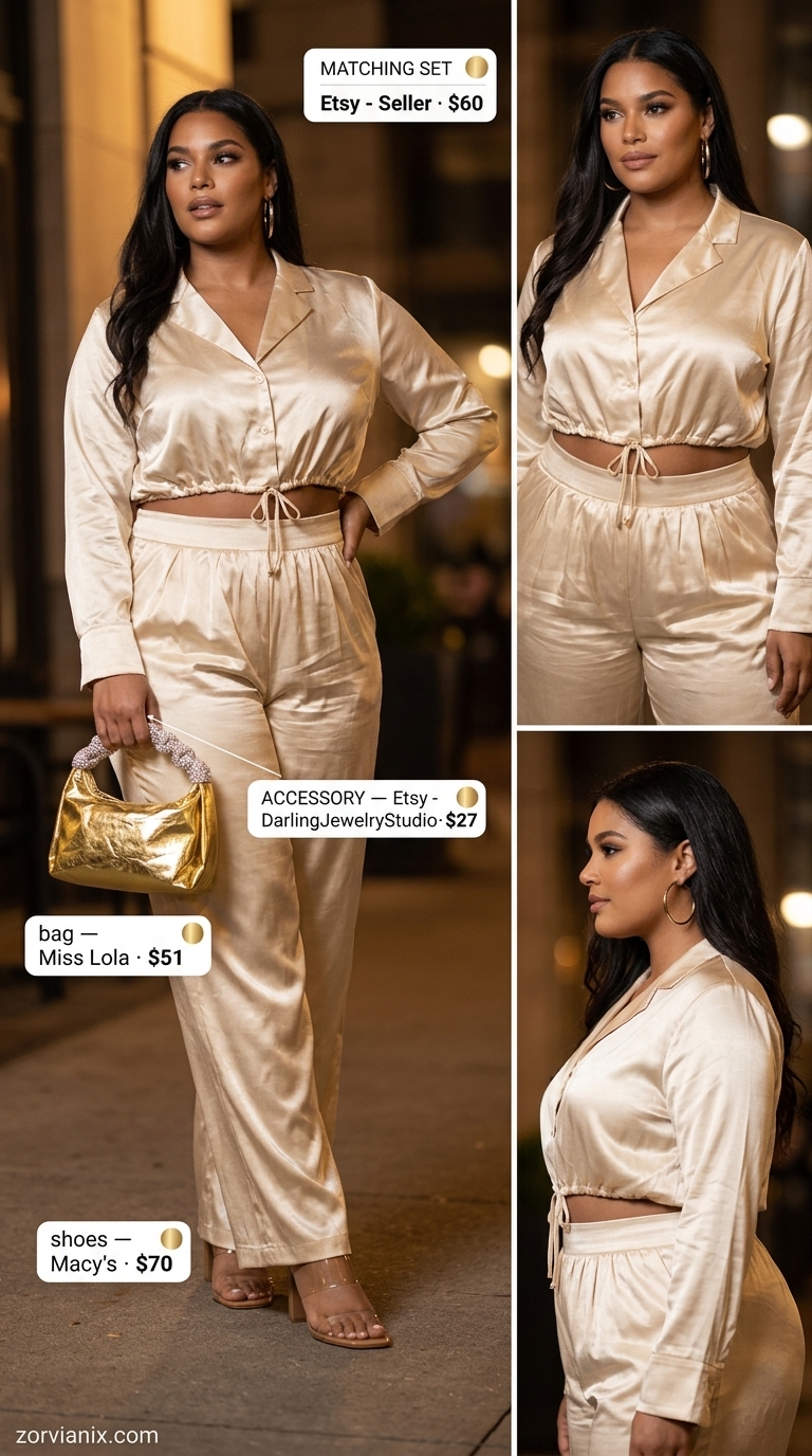 Festive Summer Party Outfit for Women 2026 Shimmering gold crop top and pants set with clear heels for a festive summer party outfit for women 2026.