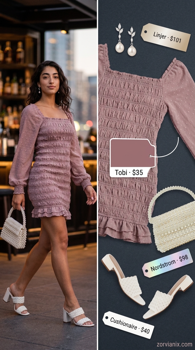 Sweet Summer Fling: Garden Party Outfit 2026 Pastel lavender babydoll mini dress with puff sleeves, white block heels, and pearl accessories for a summer party outfit for women 2026.