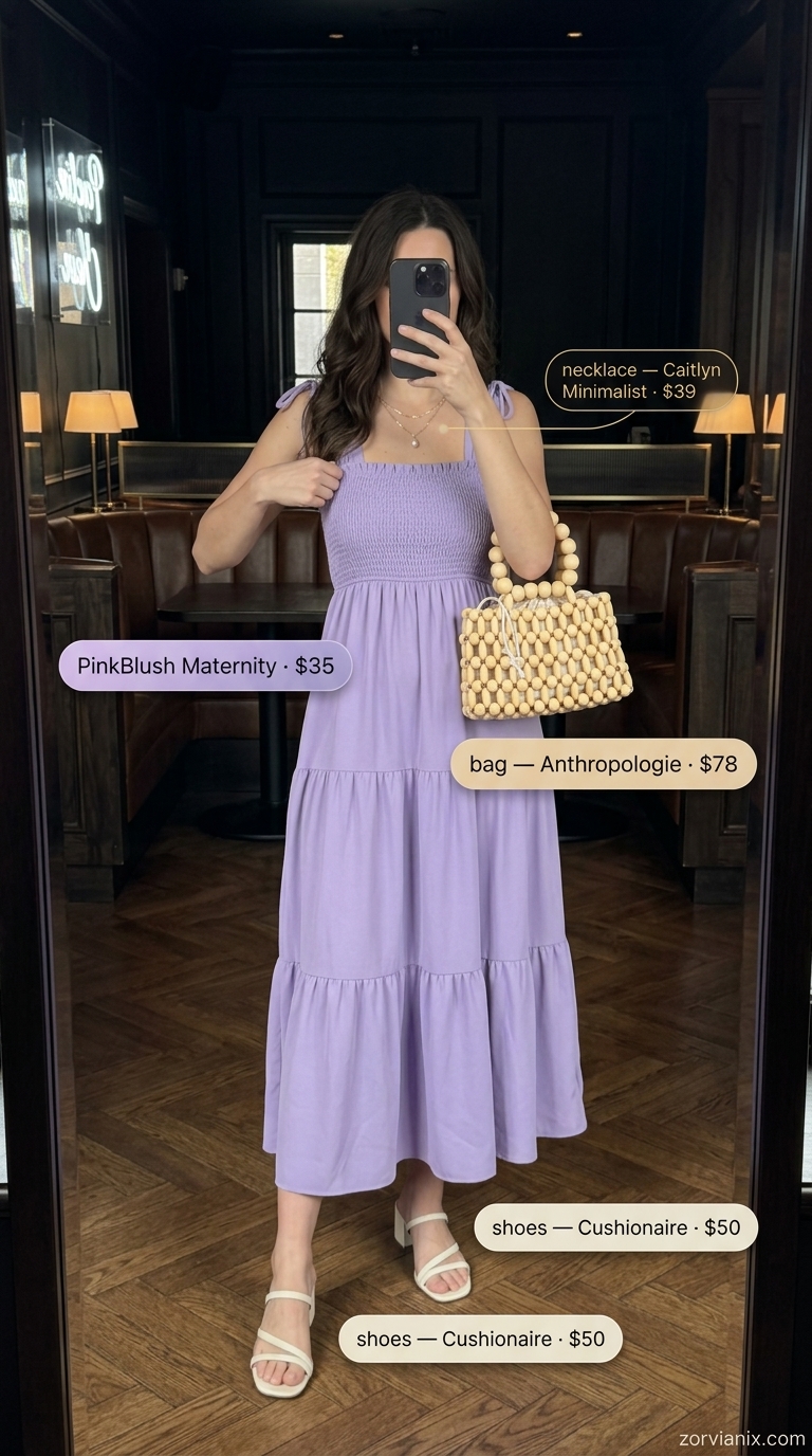Lavender Haze Garden Soiree: Wedding Guest Outfit 2026 Soft lavender crinkle chiffon midi dress with cream sandals for a summer party outfit for women 2026.
