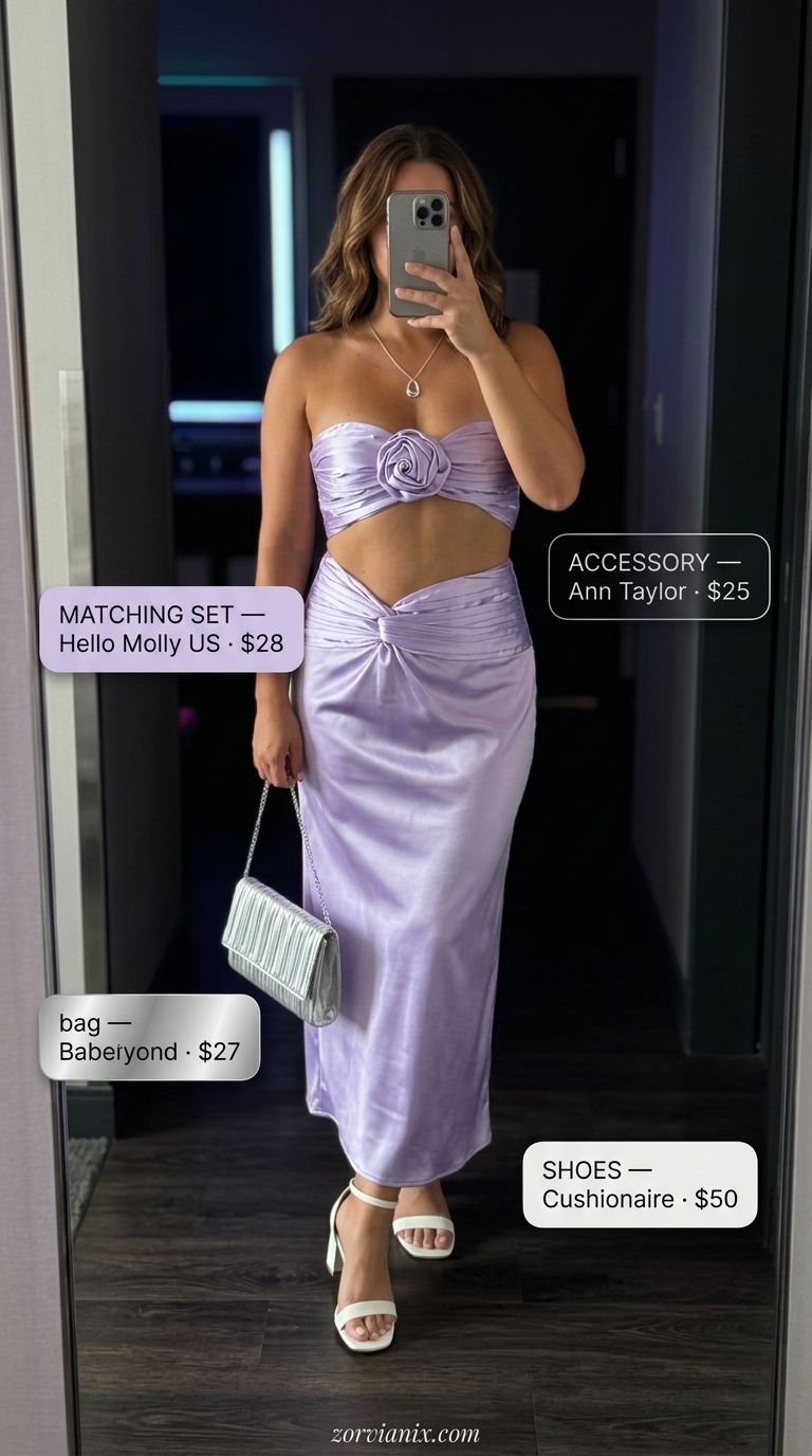 Lilac Garden Reverie: Outdoor Party Style 2026 Lilac satin crop top and tiered maxi skirt with silver metallic bag for a summer party outfit for women 2026.