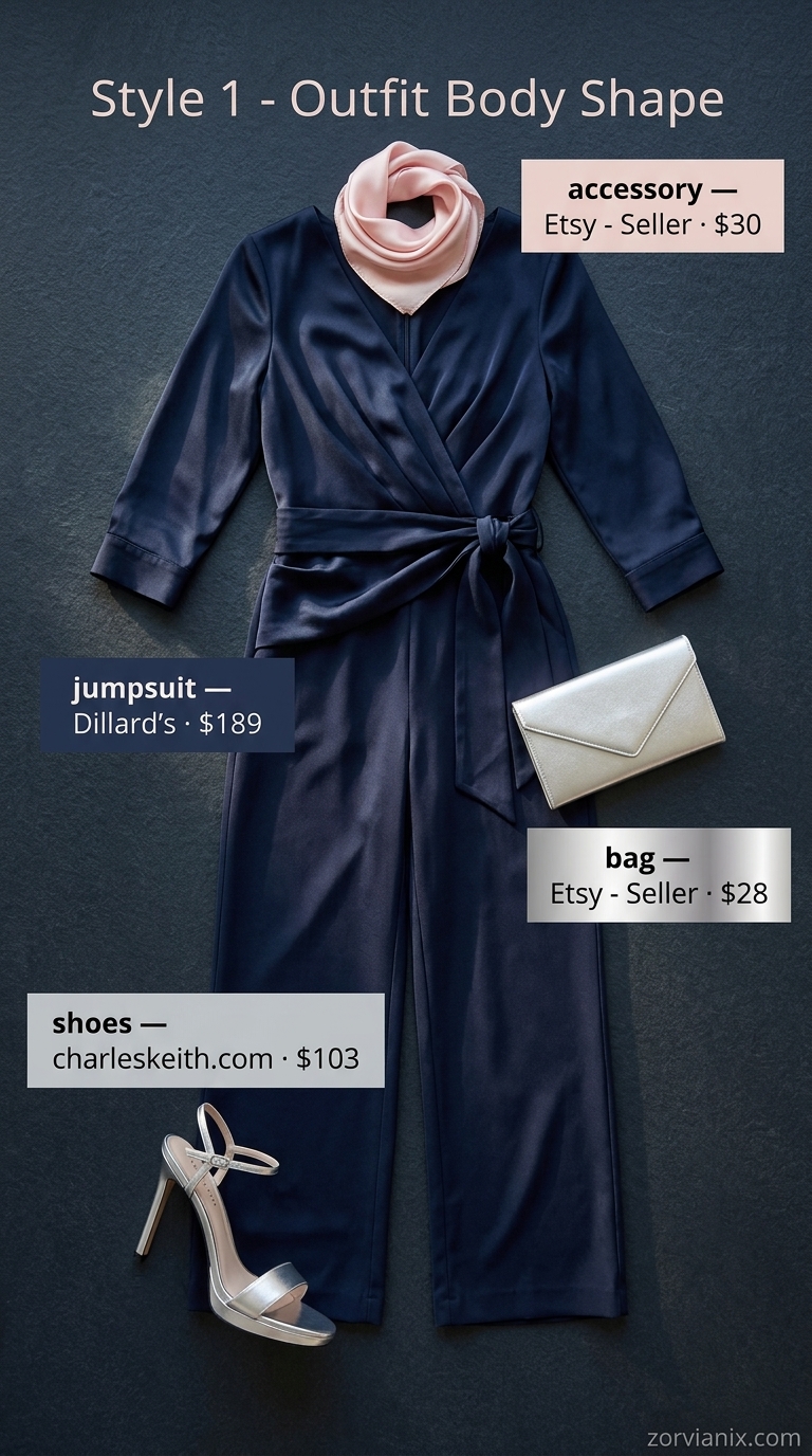 Midnight Garden Summer Party Outfit for Women 2026 Elegant navy blue wide-leg jumpsuit, sophisticated summer party outfit for women 2026. Silver heels & blush scarf.