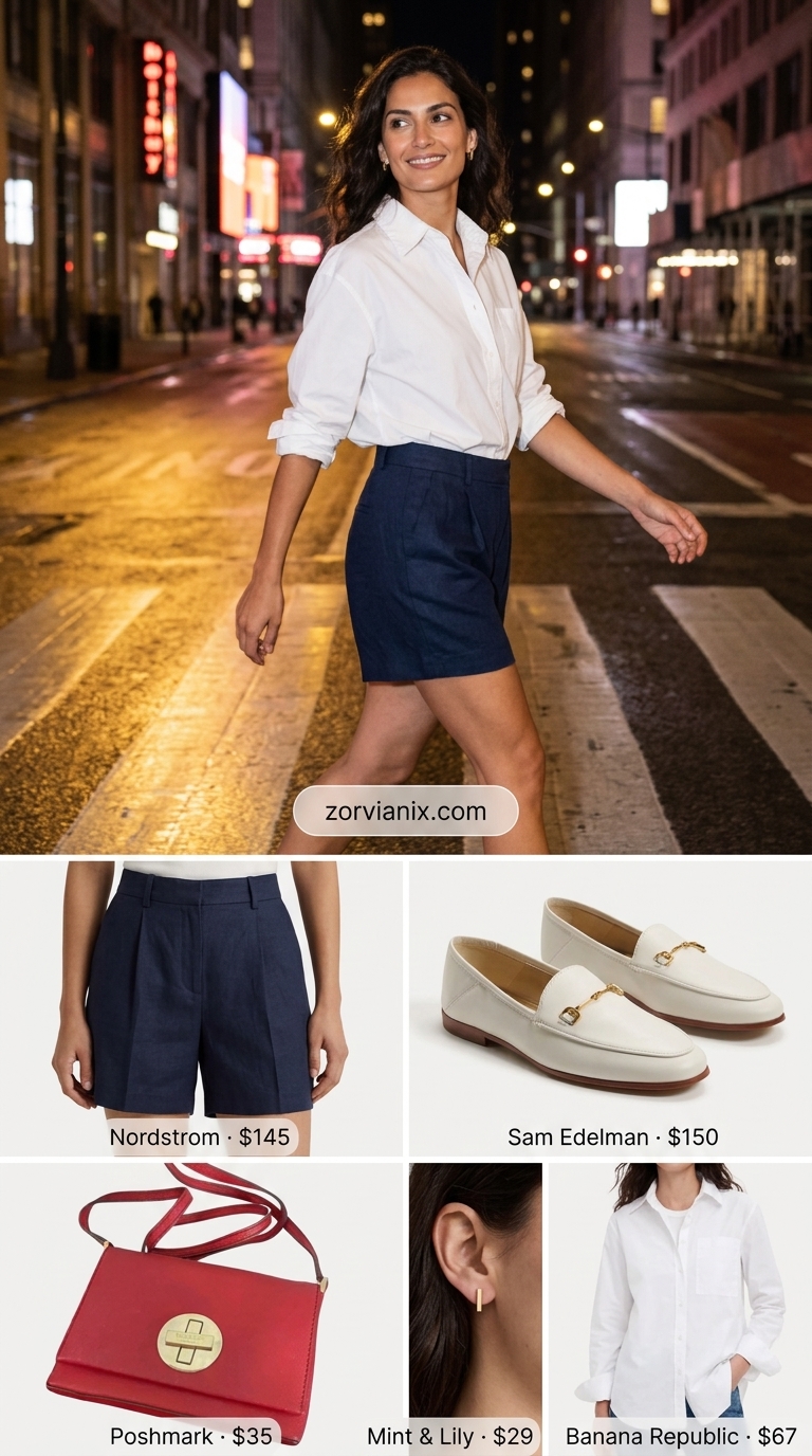 Riviera Chic Shorts Set: Yacht Party Style 2026 Navy blue linen shorts, white button-down shirt, and cherry red bag for a summer party outfit for women 2026.