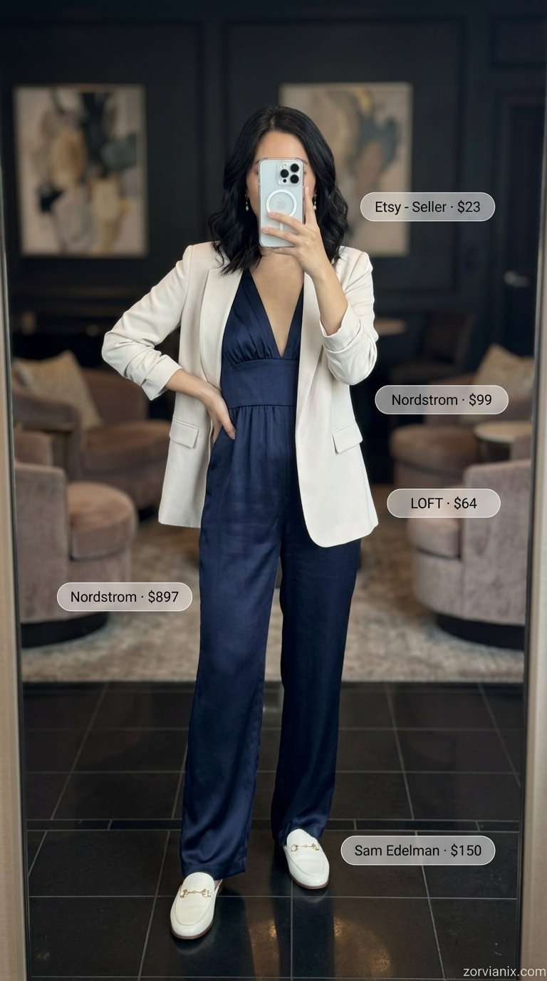 Sophisticated navy blue silk jumpsuit, polished summer party outfit for women 2026. Ivory blazer & pearl earrings.