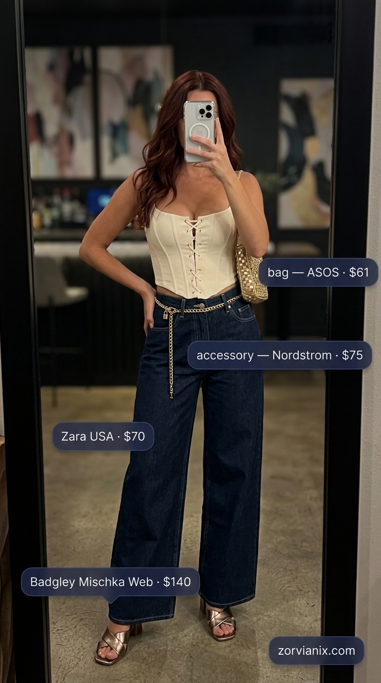 Retro Rhythm Summer Party Outfit for Women 2026 Retro chic summer party outfit for women 2026: cream corset top, indigo denim wide-leg jeans, bronze mules.