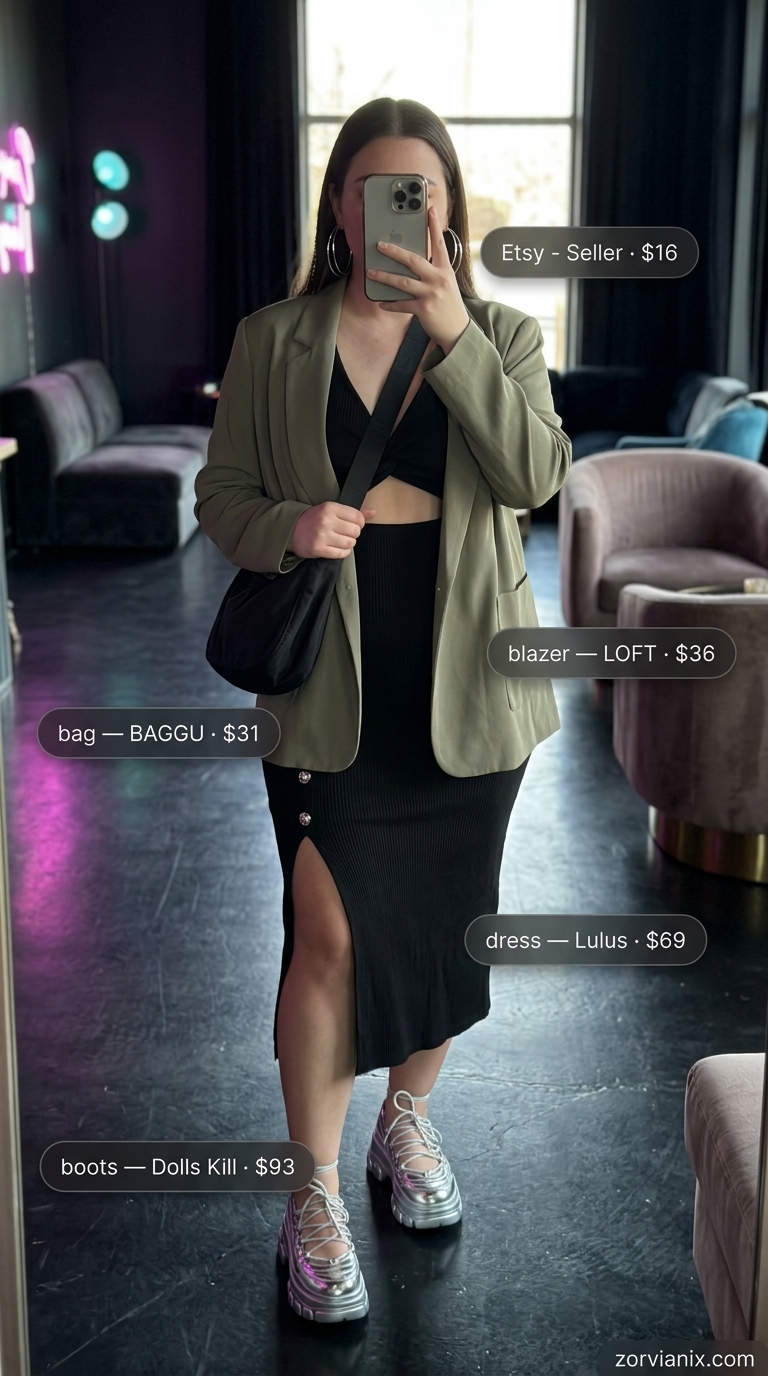 Edgy Ribbed Summer Party Outfit for Women 2026 Edgy black ribbed midi dress with neon green blazer, a cool summer party outfit for women 2026. Chunky sneakers.