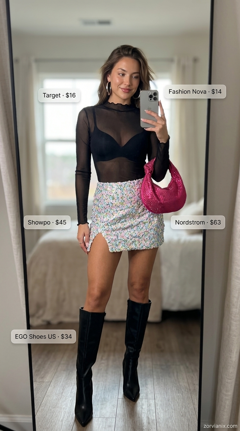Shimmering Disco Night: Glam Party Outfit 2026 Silver sequin mini skirt, black mesh top, and hot pink bag for a summer party outfit for women 2026.