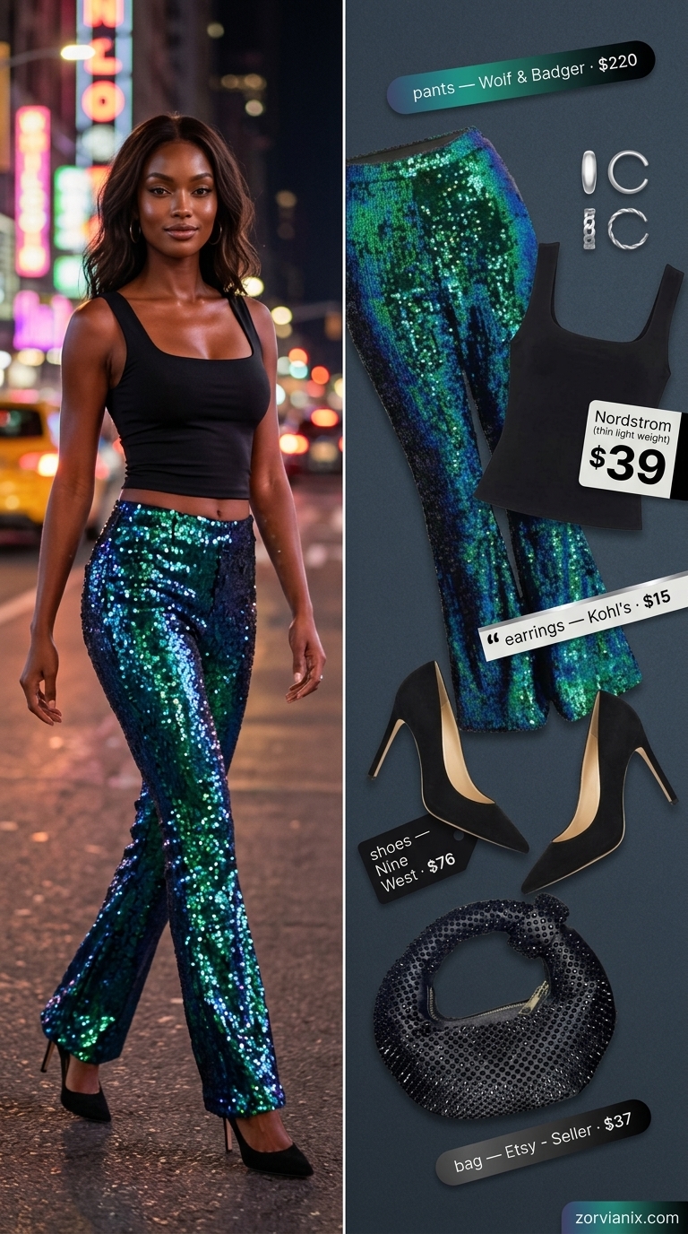 Dazzling Summer Party Outfit for Women 2026 Iridescent teal sequin pants, black crop top, and crystal bag for a dazzling summer party outfit for women 2026.