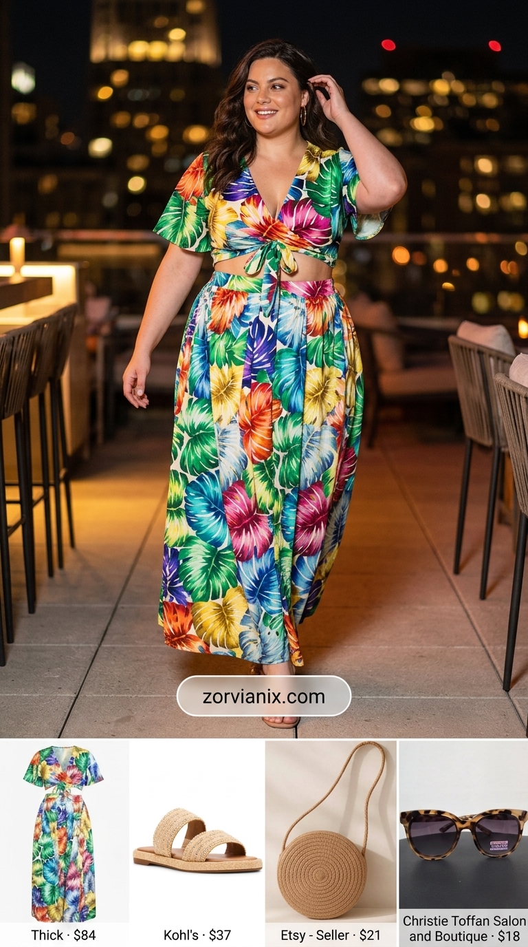 Tropical Sunset Co-ord: Beach Party Style 2026 Tropical print co-ord set with cropped blouse and tiered maxi skirt, natural tan sandals for a summer party outfit for women 2026.