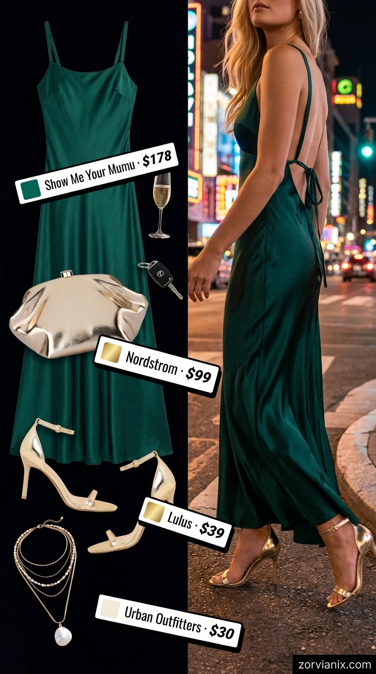 Exotic Summer Party Outfit for Women 2026 Emerald green flowy maxi dress, gold sandals, and gold accessories for an exotic summer party outfit for women 2026.