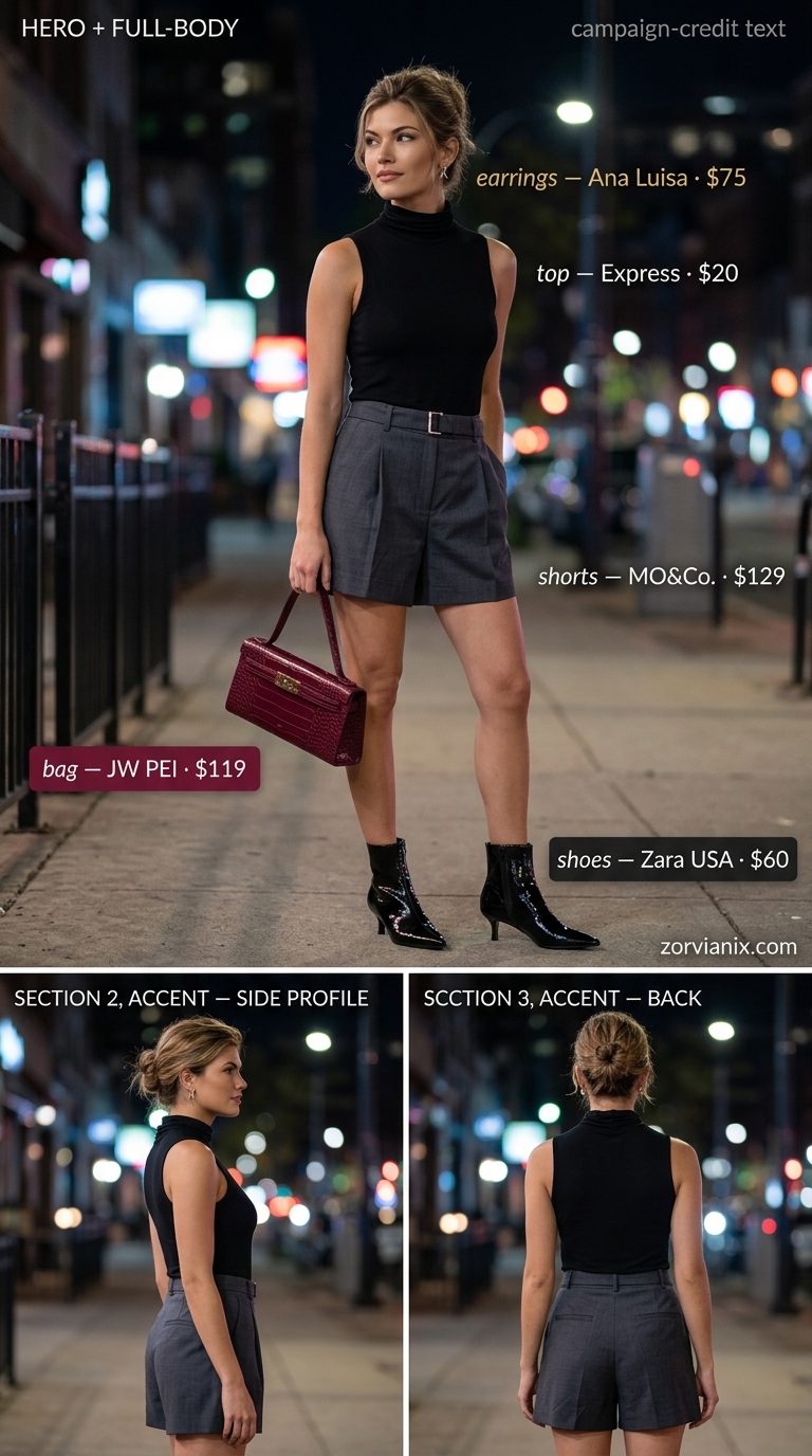 Chic Summer Party Outfit for Women 2026 Urban Charcoal gray shorts, black turtleneck, and burgundy bag for a chic summer party outfit for women 2026 urban look.