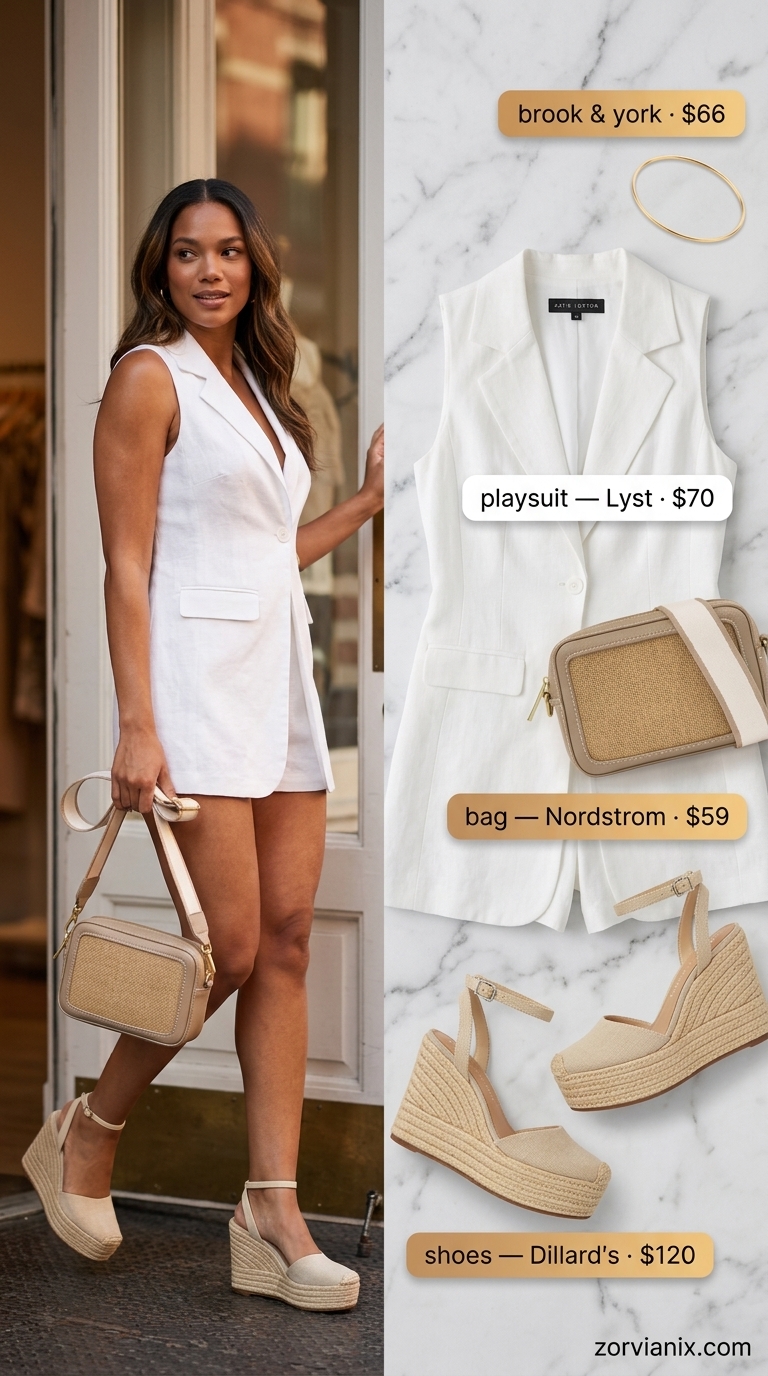 City Lights & Spritzers: Casual Evening Outfit 2026 White linen blazer romper with tan espadrilles for a summer party outfit for women 2026.