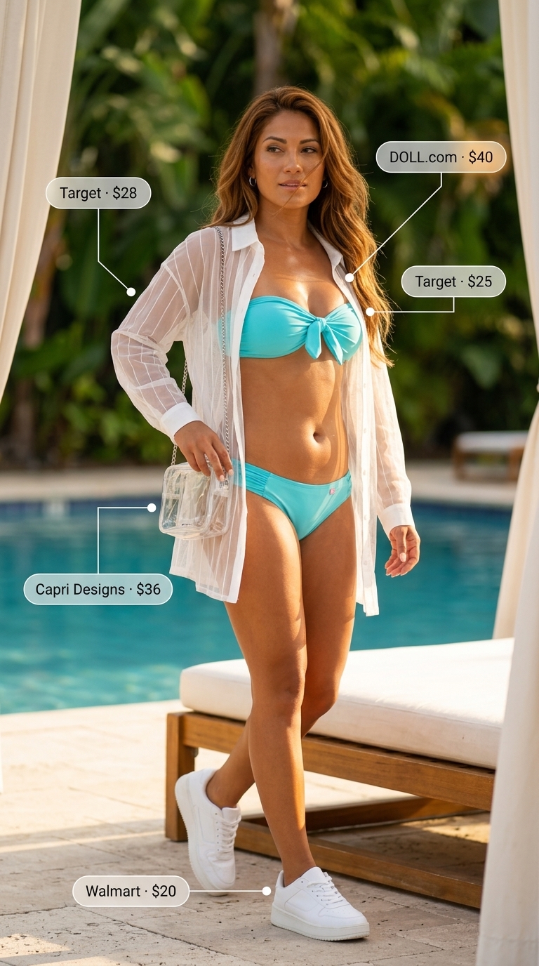 Aqua blue bikini set with sheer white shirt and platform sneakers for summer pool party outfits for women 2026.